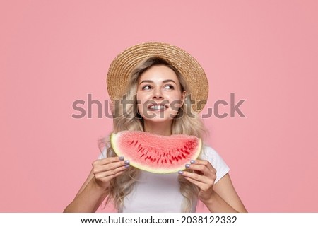 Image, Stock Photo Content woman eating watermelon on beach