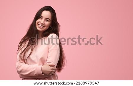 Similar – Image, Stock Photo Glad lady against pink background