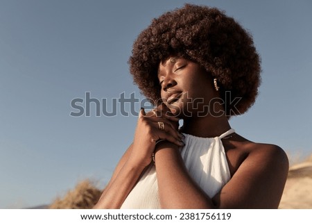 Image, Stock Photo Afro woman enjoying summertime and eating an ice-cream