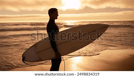 Similar – Image, Stock Photo Surfer standing at the beach with surfboard