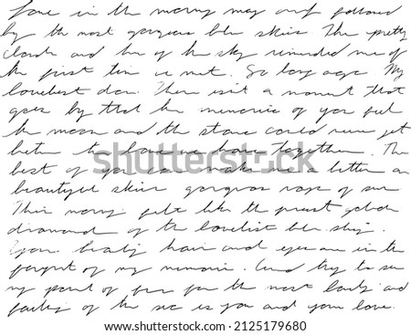 Full vector illegible, unreadable love themed letter, hand written writing in cursive pen. Transparent background. No seams, so it's perfect for creating patterns and old school textures. Black lines.