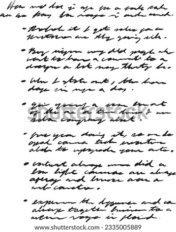 Unreadable Handwritten Notes with Bullet Points on 8.5 x 11 inch white paper. Black Ink writing. Scribbly notes in cursive. Good example of journalling, a diary entry, or a filled notebook page.