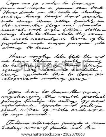 Hand written paragraphs in cursive ink script, scribbly antique cursive writing sample in pen and ink. Old fashioned writing, vintage style nonsense writing.