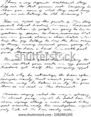 Hand written essay page in cursive pen and ink script, scribbly antique cursive hand writing, totally illegible and unreadable. Old fashioned writing, vintage, antiqued nonsense writing.