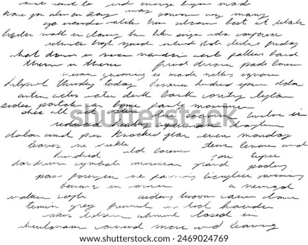 Original cursive, super messy and illegible gibberish handwriting in black ink, vintage, antique style cursive. Lorem Ipsum text for patterns, love letters, with old fashioned texture and lettering.