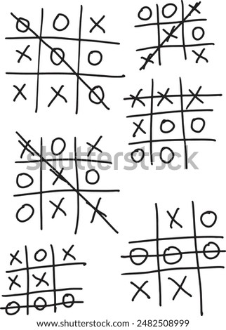 Children's game of tic tac toe. Several games played out of boredom, hand drawn hand written X's and O's. Some win, some lose. Balanced players, an equal amount of wins and losses. A tie. 