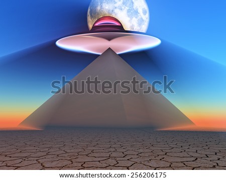 spaceship flying over a pyramid