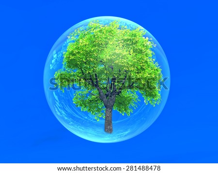 tree inside a bubble on blue background