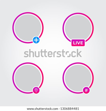 Social media avatar frames set. Instagram story purple border. Live, hashtag, location, add new icons. Video streaming sign. Vector illustration.