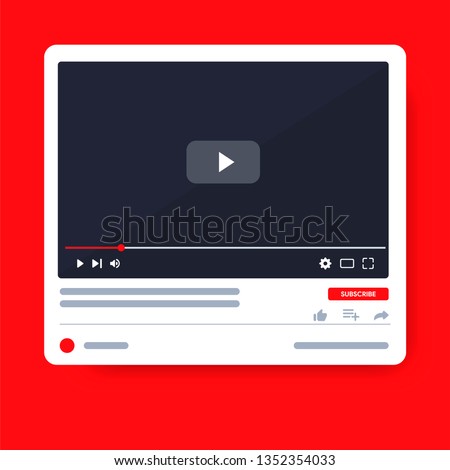 Desktop Video player youtube. PC social media interface. Play video online mock up. Subscribe button. Tube window with navigation icon. Vector illustration.