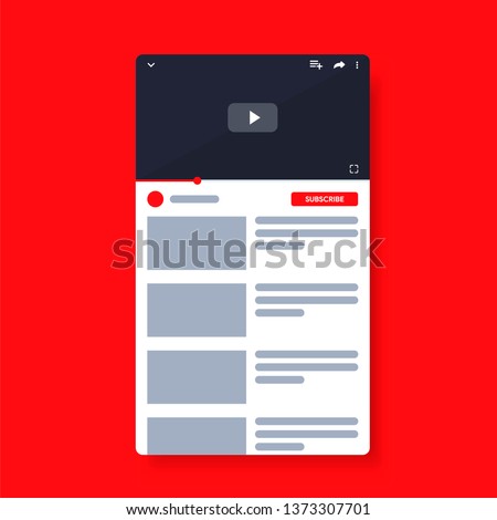 Mobile Video player youtube. Smartphone social media interface. Play video online mock up. Youtub subscribe button. UI window with navigation icon. Vector illustration.