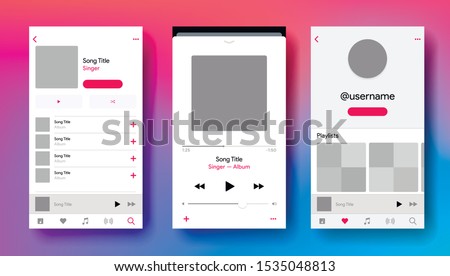 Social media network inspired by Apple Music. Mobile app interface. Subscription music player. Profile, Album, Song, Playlist mockup. Applemusic screen. Vector illustration.