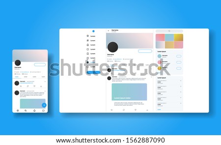 Social media network inspired by twitter. Ui Ux web responsive template of tweeter account. Mobile social media app and desctop. User profile, followers, and tweet mock up.  Vector illustration