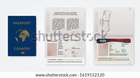 Biometric passport template. Travel id card mockup with tourist visa. International pass. Departure and arrival airport stamp in document. Vector illustration.