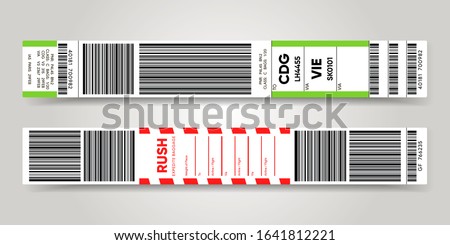 Airport luggage barcode sticker. Baggage information and identification tape mockup. Travel transportation bar code. Airline control. Vector illustration template.