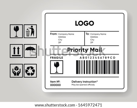 Shipment label template. Cargo sticker. Delivery bar code mockup. Fragile, handle, recycle icon. Information about company recipient. Priority mail with barcode mock up. Vector illustration
