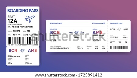 Paper and mobile boarding pass. Responsive design of air ticket. Airline data card mockup. Flight check-in document template. Vector illustration. Stock foto © 