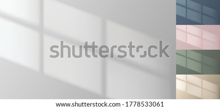 Window drop shadow on empty wall. Minimal background. Pink, blue, green, beige collection. Interior mockup. Photorealistic reflection. Real life room template. Vector illustration.