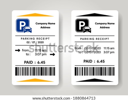 Parking receipt template. Check from parking meter mock up. Price for car stay. Entrance and exit ticket from vehicle stand. Vector illustration design.