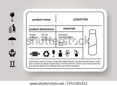 Product description sticker. Dimension and material descriptor. Cargo label. Shipping icons. Package brand depiction. Industrial design specification. Vector illustration mockup.