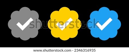 X verification sign. Check mark in star. Approved account sticker. Blue, grey and yellow social media twit label. Vector illustration.