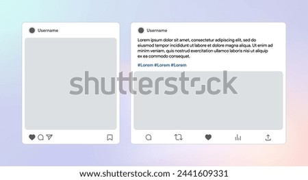 Social media post template. Responsive marketing mock-up. Like share comment save icon. Vector illustration