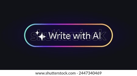 Write with AI button. Rewrite prompt pushbutton. Generate artificial intelligence toggle. LLM magic stars logo. Machine learning text generator. Chatbot assistant. UI design. Vector illustration. 