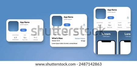 App Store listing template. Store for mobile application mock-up. App page profile with rating screen. Games play list market. Vector illustration.