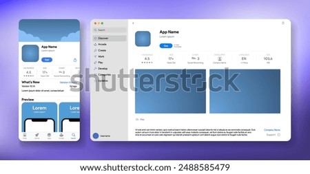 Vienna, Austria - 09.07.2024: App Store responsive Web and Mobile Interface. App listing mockup. Apps shop platform. Play Market application download page profile with rating. Vector illustration.