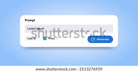 Generate AI content placeholder. LLM assistant interface. Prompt input field. Artificial intelligence submit button. Large language model app chat. Text and image generator tool. Vector illustration