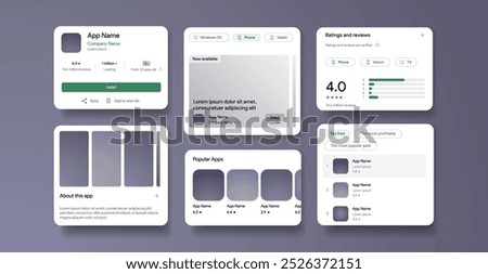 Play Market listing template. Google Store interface mock-up. App page profile with rating screen. Install android application button. Games play list preview layout. Vector illustration.