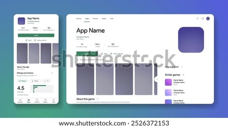 Responsive google play Market interface. App Store mobile and web mock-up. Apps description and screenshots template. Install apps and games for android button.  Vector illustration.