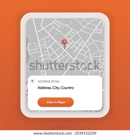 Location Card template. Find cafe, shop,  institution, facility, establishment on map. GPS geolocation ui mock-up. Share address details. View in Maps interface. Navigation details Vector illustration