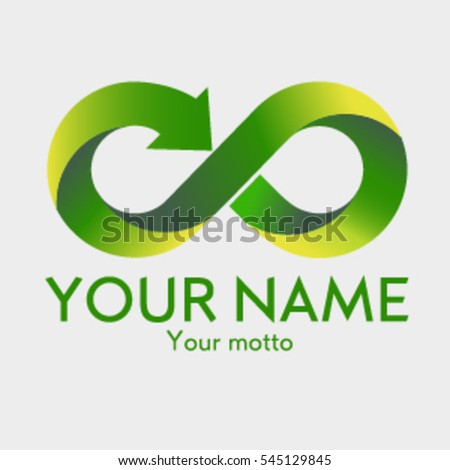 Modern recycling logo. Infinity sign. Symbol of environment. Green and yellow gradient. Nature. Arrow at the end of infinity icon. 3D logo.