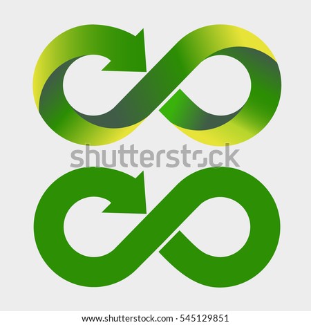 Modern recycling logo. Infinity sign. Symbol of environment. Green and yellow gradient. Nature. Arrow at the end of infinity icon. 2 variants of the same icon. 3D logo. Vector illustration