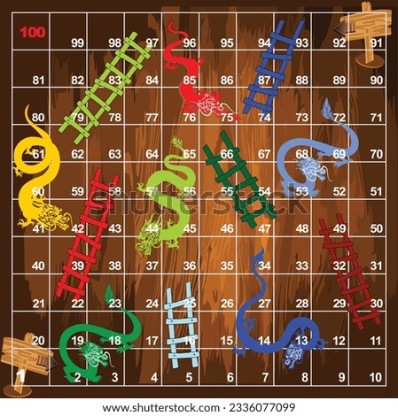 Dragon and ladder board game - 100 steps - light brown background. Ready to print