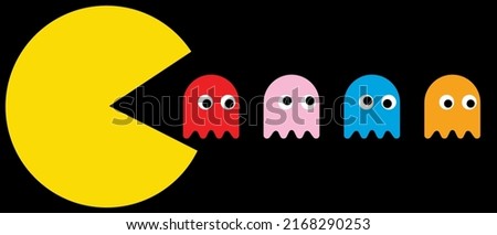 Pac-man characters set. Retro video game. Blinky, Pinky, Inky, Clyde. Editorial illustration isolated on black background