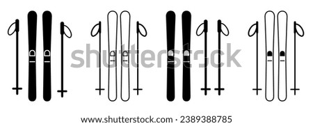 Set of skiing icons. Pair ski with ski poles. Winter mountain sport. Vector illustration
