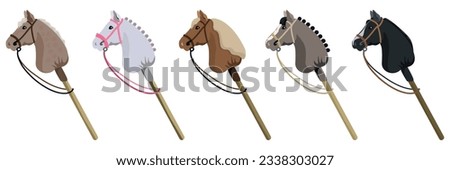 Set of images of toys in the form of a horse's head on a wooden stick. Equipment for hobby horsing on white background.