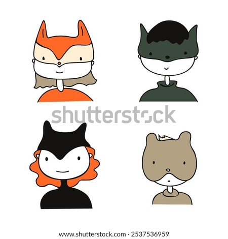 Four icons with cute young people in animal costumes. Icons with furry in orange, beige, black and greyish colours