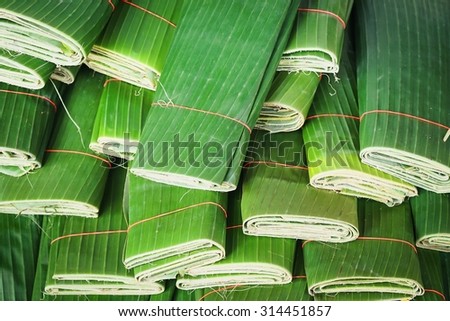 banana leaf. Different Fruits and vegetables at a street market in asia.