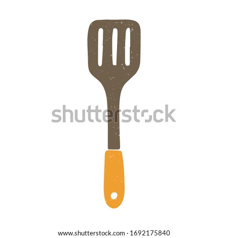 Cute spatula. Brown kitchen spatula with orange handle on a transparent background. Vector shabby hand drawn illustration Сток-фото © 