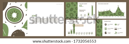 Nutritional information of kiwi. Detailed description of composition and benefits in presentation slide format. Vector template with hand drawn illustration