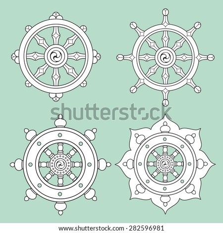 Dharma Wheel Dharmachakra Icons. Buddhism symbols.