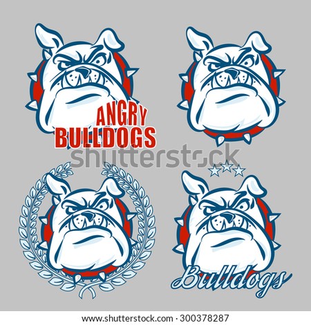 Detailed logo set of bulldog head with angry face emotion for college, school sport team logo concept, apparel design. Vector Illustration.