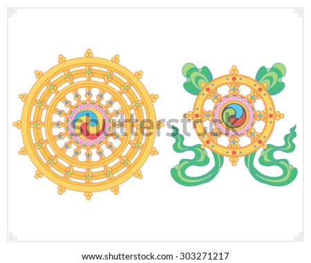 Dharma Wheel, Dharmachakra Icons. Wheel of Dharma in flat design. Buddhism symbols. Symbol of Buddha's teachings on the path to enlightenment, liberation from the karmic rebirth in samsara.