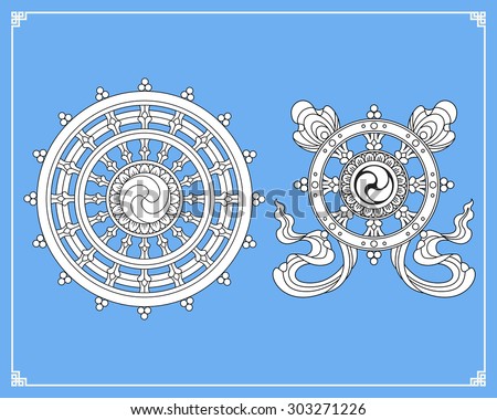 Dharma Wheel, Dharmachakra Icons. Wheel of Dharma in black and white design. Buddhism symbols. Symbol of Buddha's teachings on the path to enlightenment, liberation from the karmic rebirth in samsara.