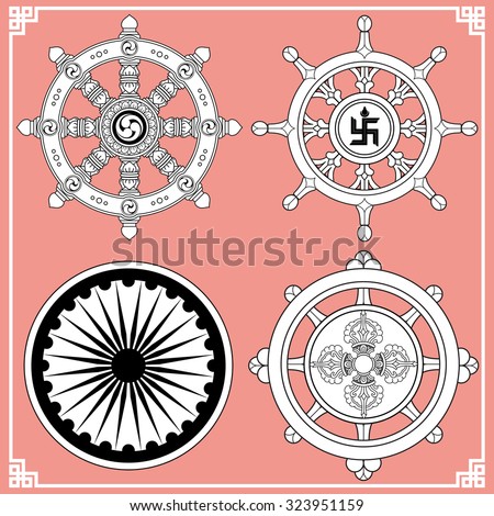 Dharma Wheel, Dharmachakra Icons. Wheel of Dharma in black and white design. Buddhism symbols. Symbol of Buddha's teachings on the path to enlightenment, liberation from the karmic rebirth in samsara.