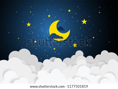 Paper art style of moon and stars in midnight concept. Business flat design vector illustration