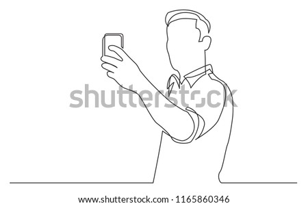 continuous line drawing of standing man making selfie with his mobile phone